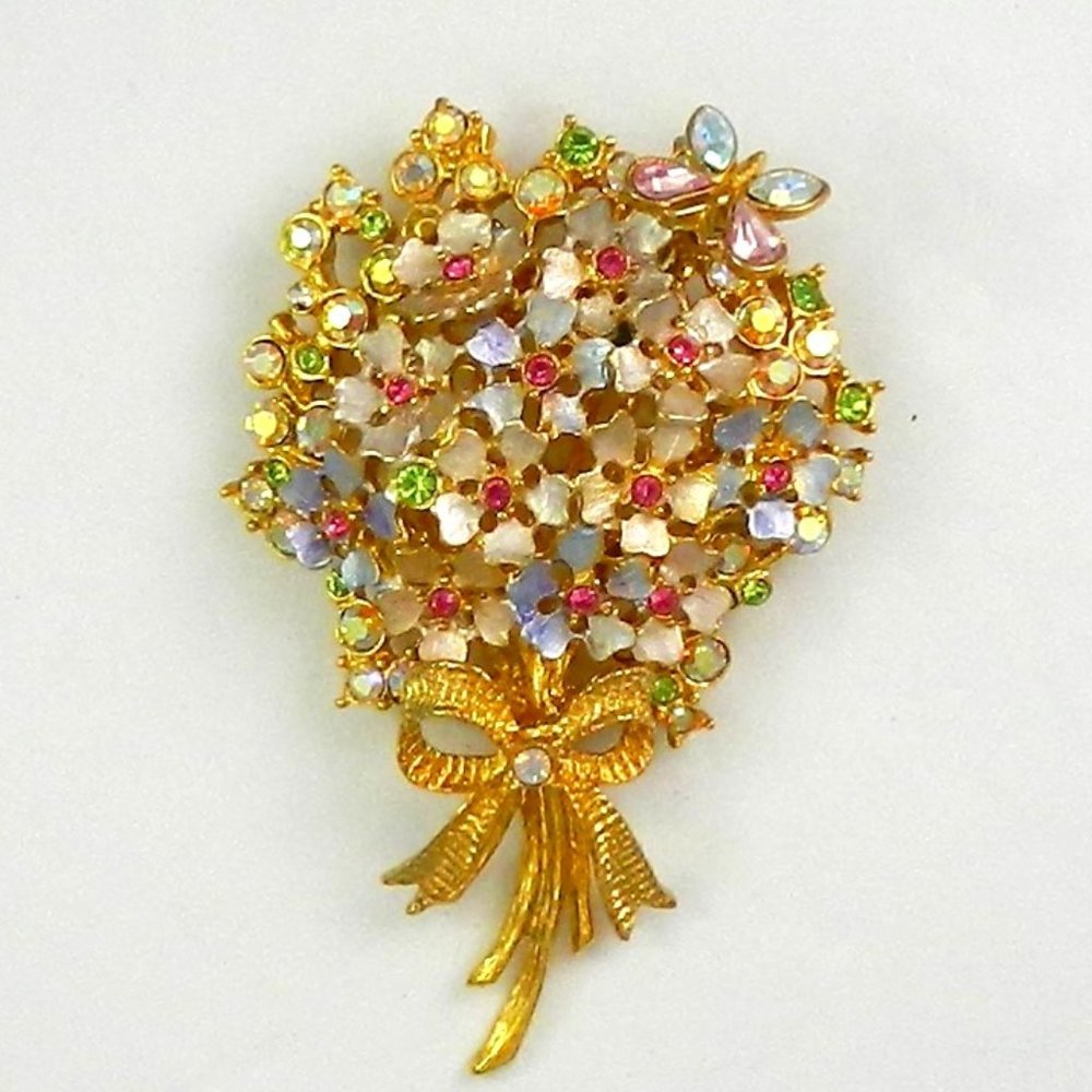 Vintage RJ Graziano Trembler Butterfly Rhinestone Flower Brooch Signed